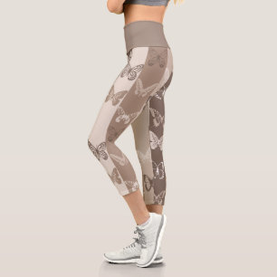 Tan Neutral Earth Butterfly Stripes Design Capri Leggings