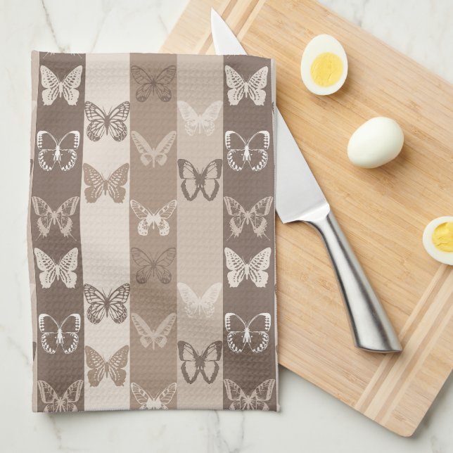 Tan Neutral Earth Butterfly Stripes Design  Kitchen Towel (Quarter Fold)