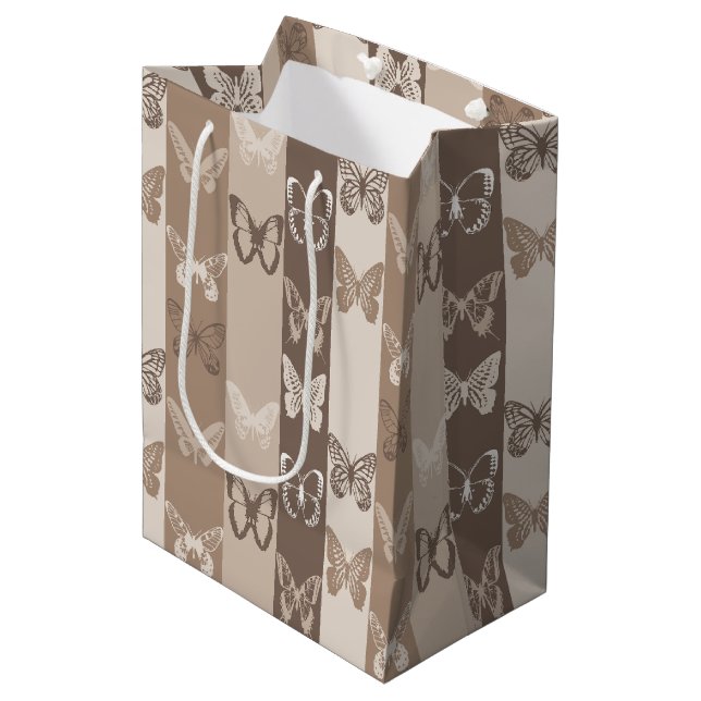 Tan Neutral Earth Butterfly Stripes Design  Medium Gift Bag (Front Angled)