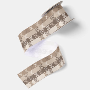 Tan Neutral Earth Butterfly Stripes Design Satin Ribbon