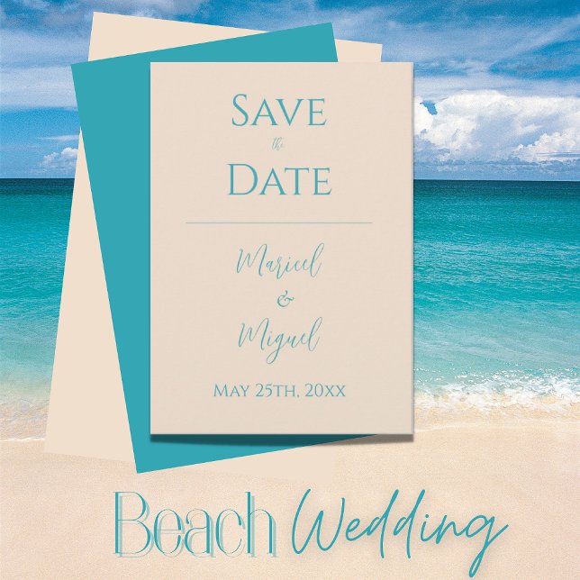 Tan Ocean Blue Wedding Save The Date Card (Creator Uploaded)