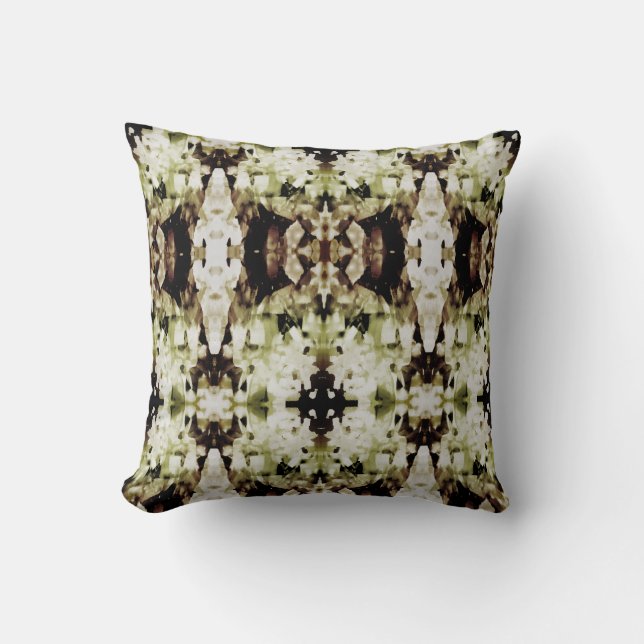 Tan Olive Black White Symmetrical Abstract Print Throw Pillow (Front)