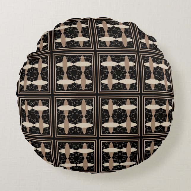 Tan on Black  Round Pillow (Front)