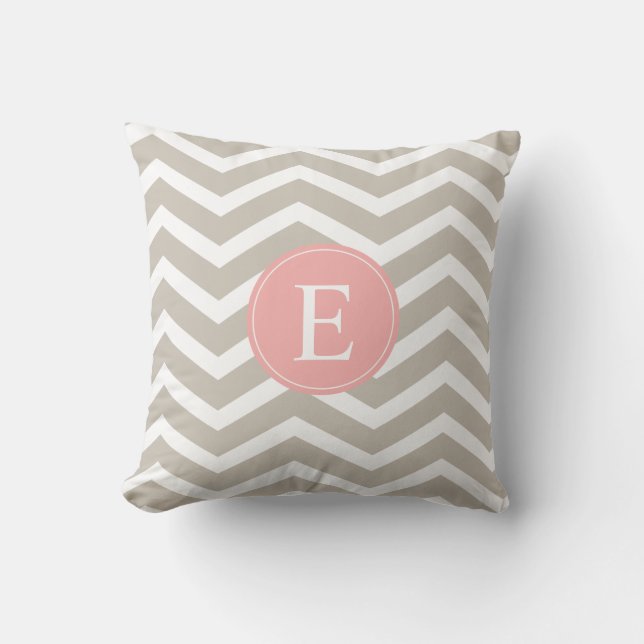 Tan Peach Pink Chevron Monogram Throw Pillow (Front)