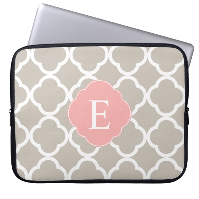 Tan Peach Pink Quatrefoil Monogram Laptop Sleeve (Front)