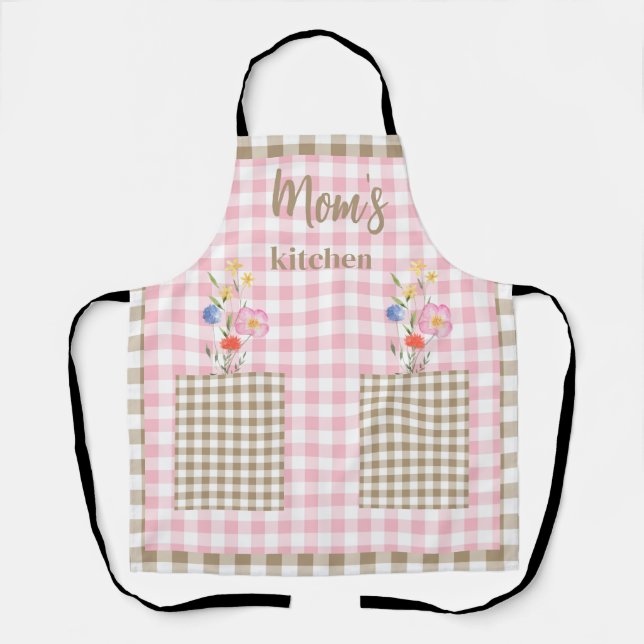 Tan & Pink Gingham Wildflower Mom's Kitchen II Apron (Front)