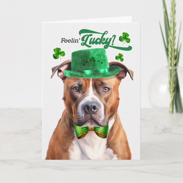 Tan Pit Bull Dog Feelin' Lucky St Patrick's Day Holiday Card (Front)