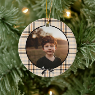 Tan Plaid Pattern Holiday Photo Ceramic Ornament