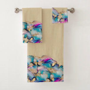 Tan Purple Blue Gold Wash Watercolor Abstract Bath Towel Set