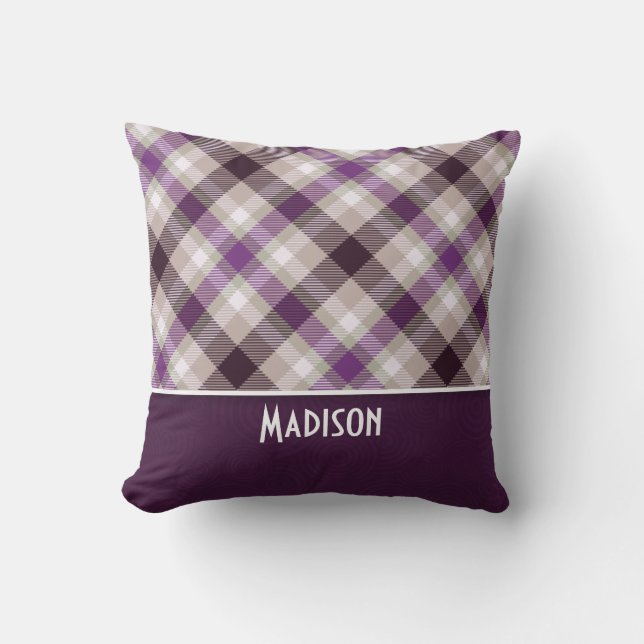 Tan & Purple Plaid Throw Pillow (Front)