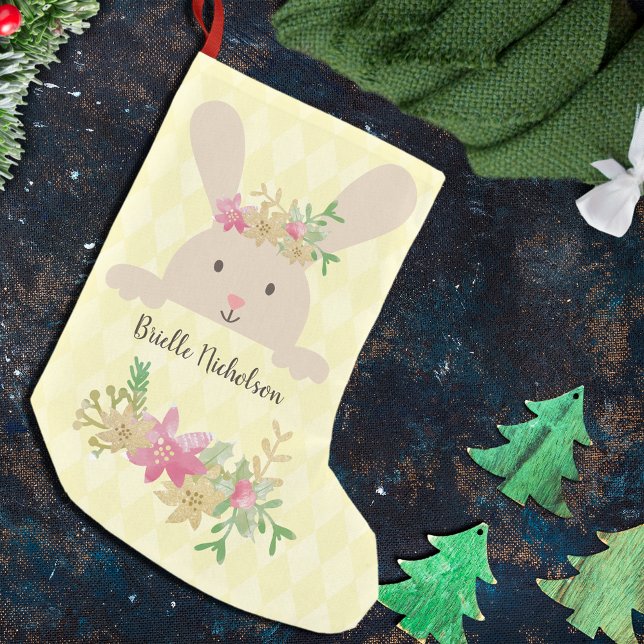 Tan Rabbit Pink Gold Poinsettia Floral Small Christmas Stocking (Creator Uploaded)