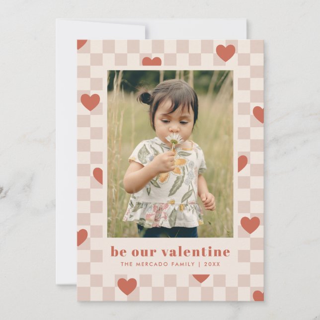 Tan Red Chequerboard Hearts Valentine's Day Card (Front)