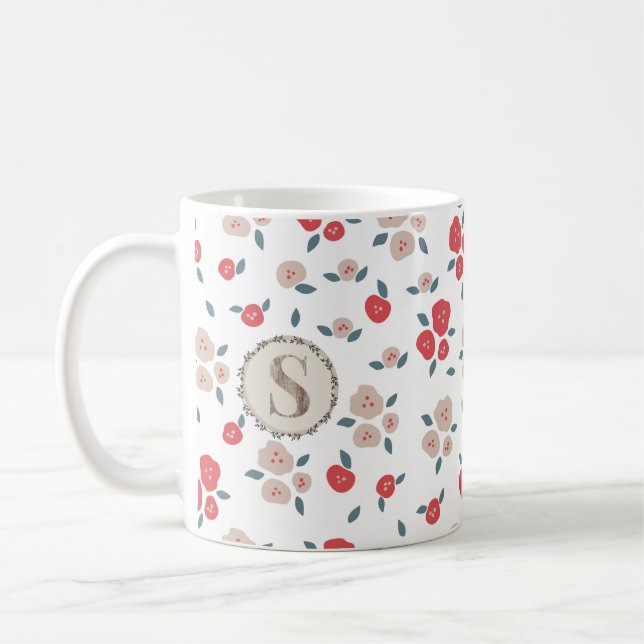 Tan Red Floral Farmhouse, Country Rustic Monogram Coffee Mug (Left)
