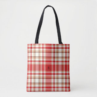 Tan & Red Plaid All-Over-Over Print Tote Bag