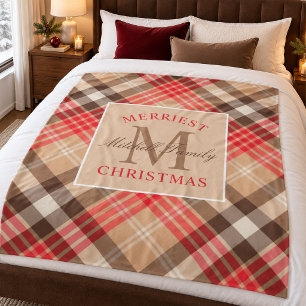 Tan Red Tartan Merriest Christmas Monogram Fleece Blanket