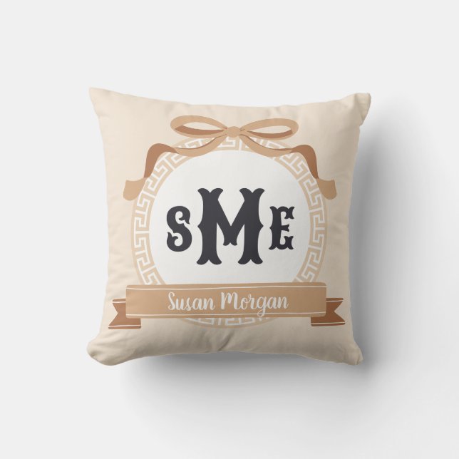 Tan Reverse Greek Key Bow Monogram Throw Pillow (Front)