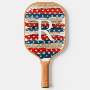 Tan Rustic American Flag Monogram Pickleball Paddle