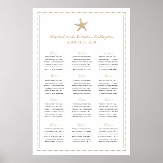Tan Sand Graceful Starfish 24 x 36 Seating Chart (Front)