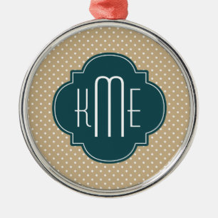 Tan Sand Polka Dots Teal Quatrefoil Monogram Metal Ornament