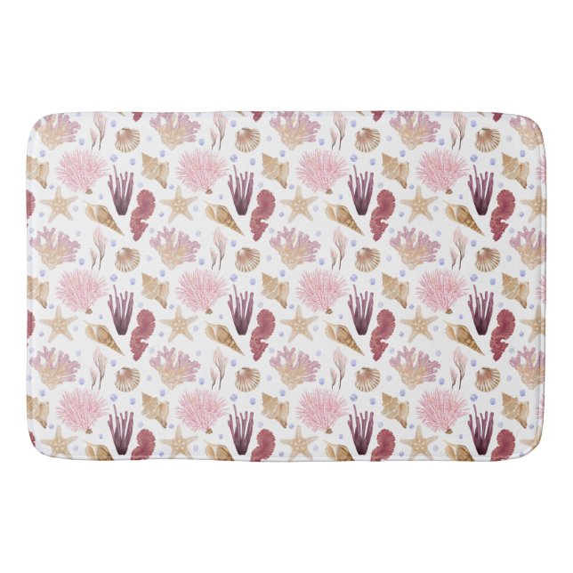 TAN SEASHELLS AND PINK SEA PLANTS BATH MAT (Front)