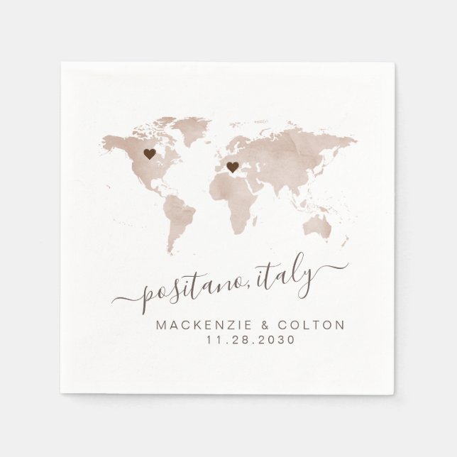 Tan Sepia Brown World MapMoveable Hearts Wedding Napkin (Front)