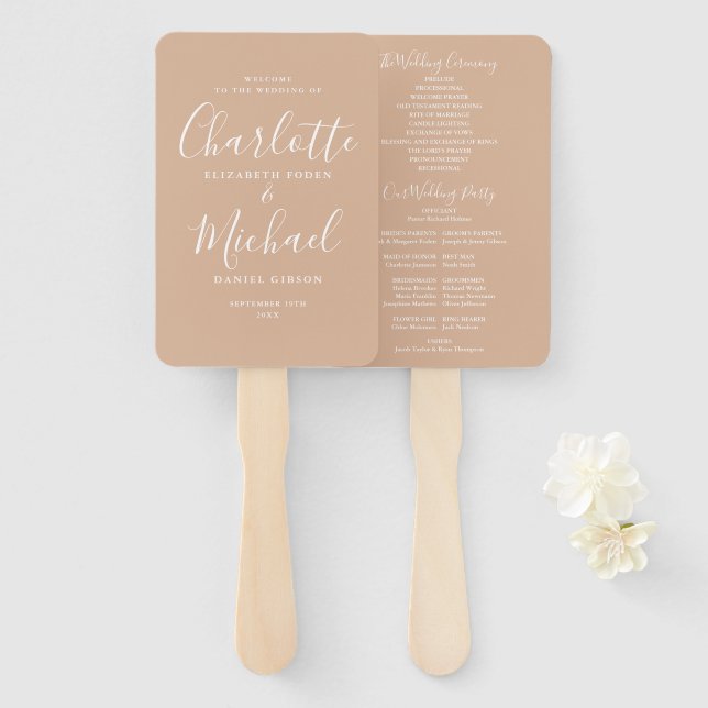 Tan Signature Script Wedding Program Hand Fan (Front and Back)