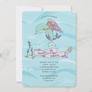 Tan Skin Purple Mermaid with Dolphin Birthday Invitation