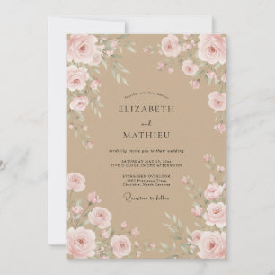 Tan Soft Pink Ranunculus Eucalyptus Wedding Invitation