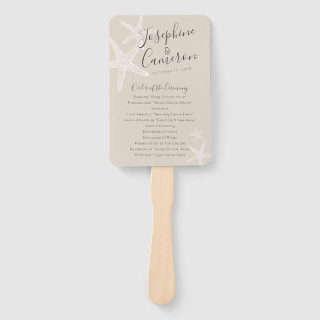 Tan Starfish Beach Wedding Program Fan (Front)