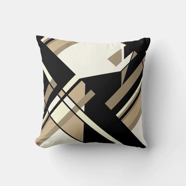 Tan Taupe Black White Diagonal Geometric Design Throw Pillow (Front)