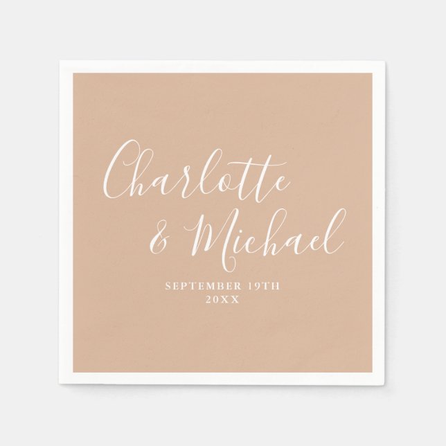 Tan Taupe Elegant Signature Script Wedding Napkin (Front)