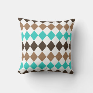 Tan, Teal, and Brown Diamond Harlequin Throw Pillow