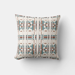 Tan Teal Blue Off-white Southwest Look Large Tiles Throw Pillow