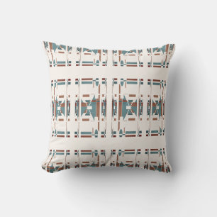 Tan Teal Blue Off-white Southwest Rows Art Motif Throw Pillow