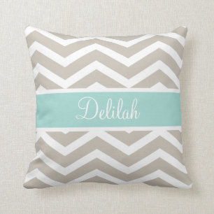 Tan Teal Chevron Custom Name Throw Pillow