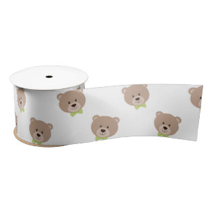 TAN TEDDY BEAR FACES WITH GREEN BOW TIES SATIN RIBBON