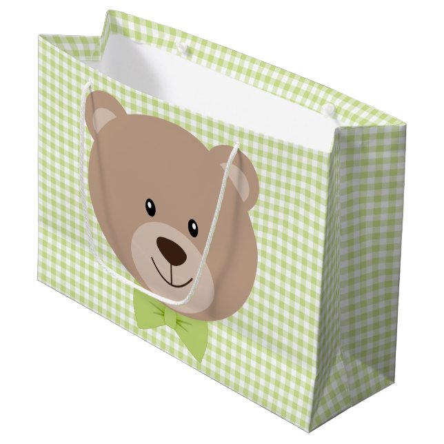 TAN TEDDY BEAR WITH GREEN BOW TIE & GINGHAM PLAID LARGE GIFT BAG (Front Angled)