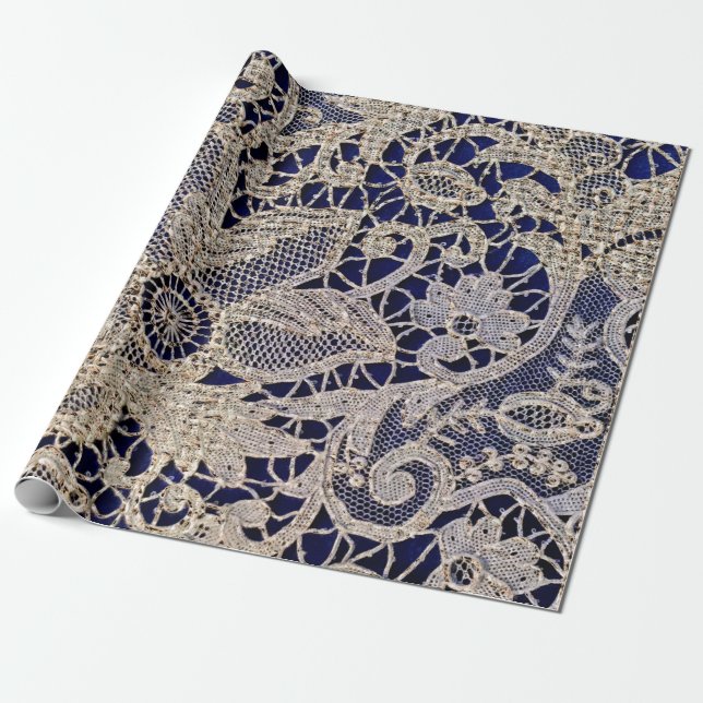 Tan Vintage Lace On Navy Wrapping Paper (Unrolled)