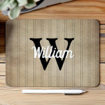 Tan Vintage Pinstripe Retro Black Monogram Mouse Pad<br><div class="desc">This design features a vintage pinstripe pattern in tan with black dashed stripes. Personalize it with your monogram initial in black and your name in white retro script.</div>