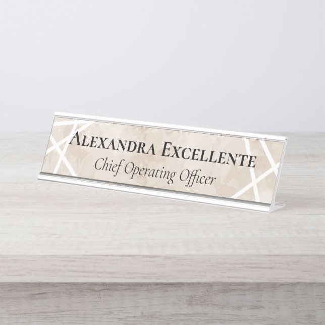 Tan Watercolor Geometric Modern Custom Desk Name Plate (Front)
