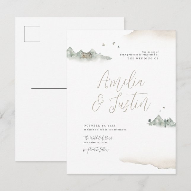 Tan Watercolor Mountain Destination Wedding Invitation Postcard (Front/Back)
