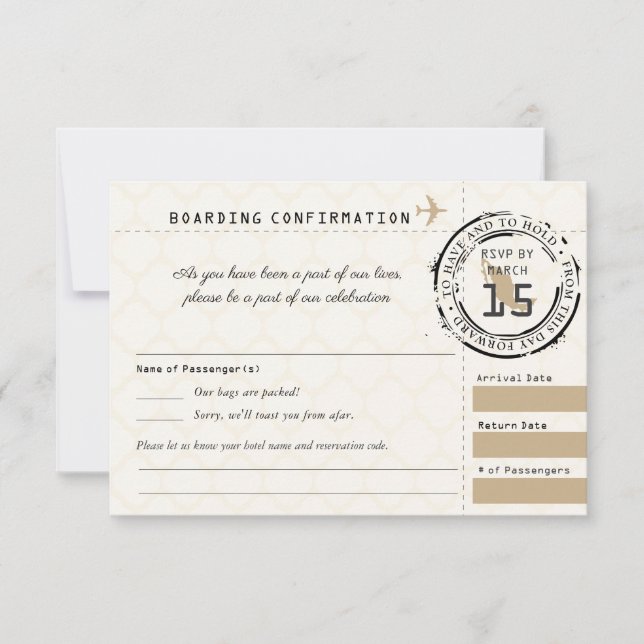 Tan Wedding RSVP Boarding Pass to Mexico (Front)