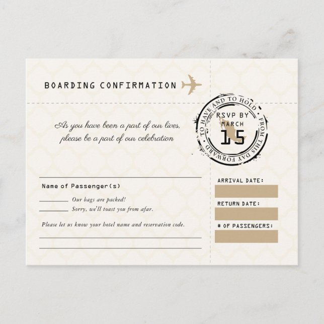 Tan Wedding RSVP Boarding Pass to Mexico Postcard (Front)
