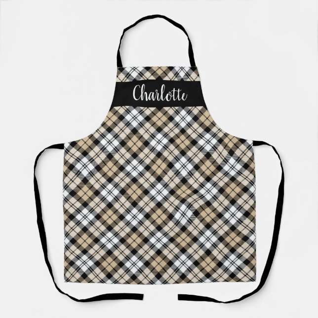 Tan White Black Watch Plaid Personalized Holiday Apron (Front)