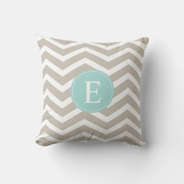 Tan White Chevron Teal Monogram Throw Pillow (Front)