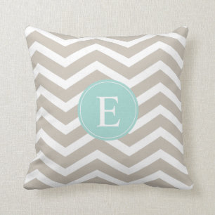 Tan White Chevron Teal Monogram Throw Pillow