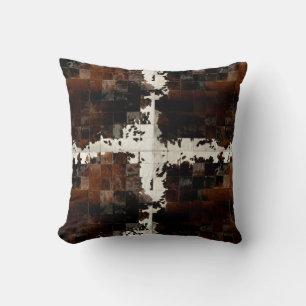 Tan White Cowhide Patchwork Print  Throw Pillow