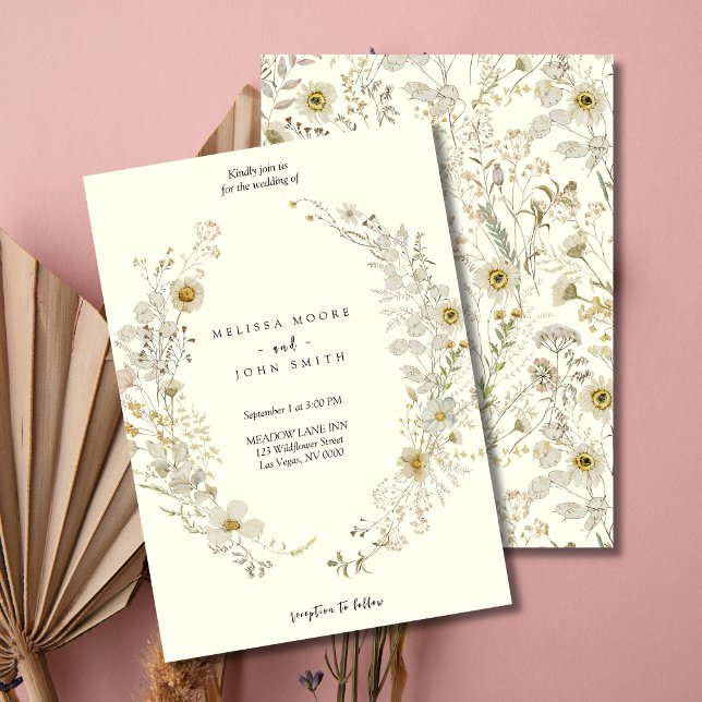 Tan White Flora Boho Wildflower Wedding Invitation (Creator Uploaded)