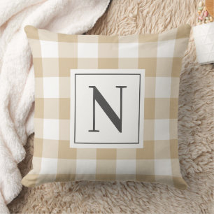 Tan White Gingham Check Monogram Initial Throw Pillow