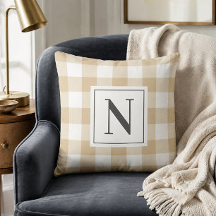 Tan White Gingham Check Monogram Initial Throw Pillow